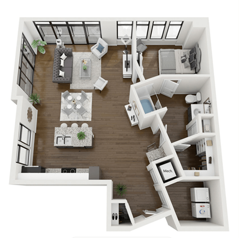Floor plan for 1 bed, 1 bath, 961 sqft